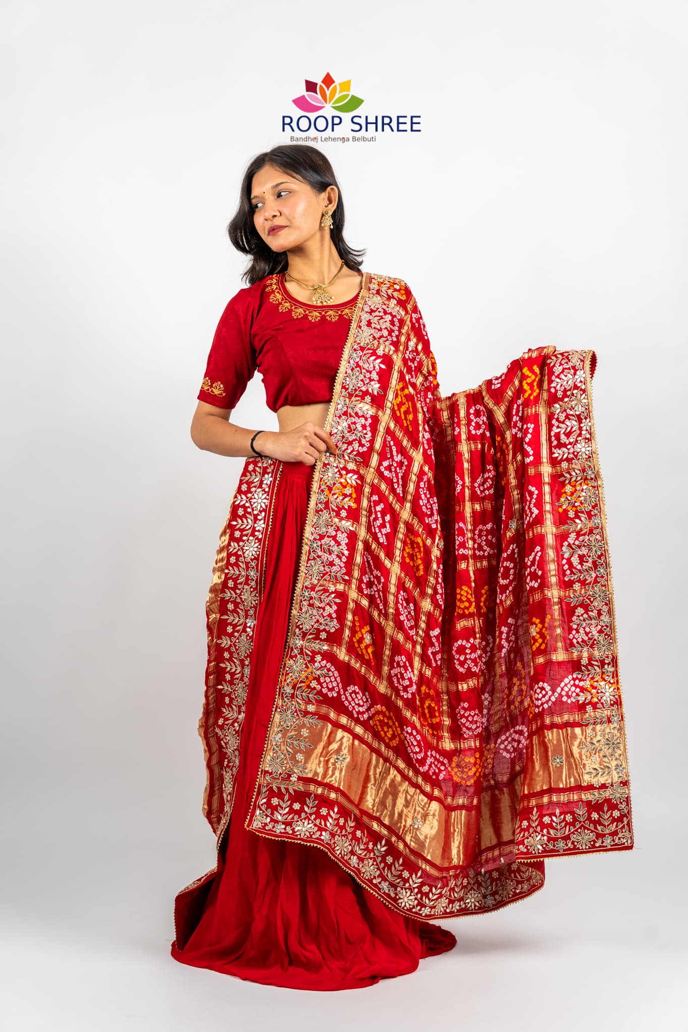 Vibrant Bandhani Gajji Silk Dupatta – Enhanced with Gotapatti & Zardozi Work