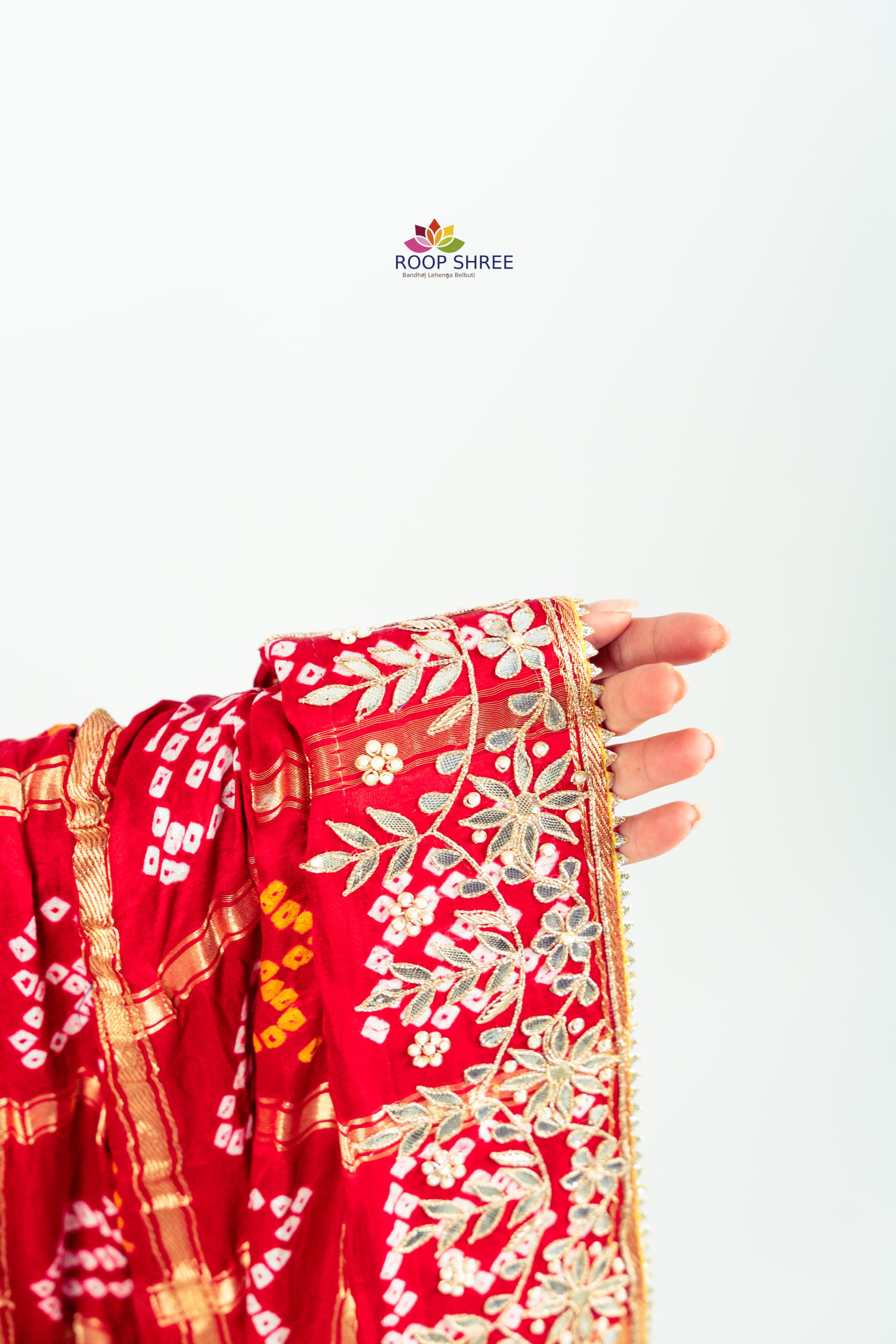Vibrant Bandhani Gajji Silk Dupatta – Enhanced with Gotapatti & Zardozi Work