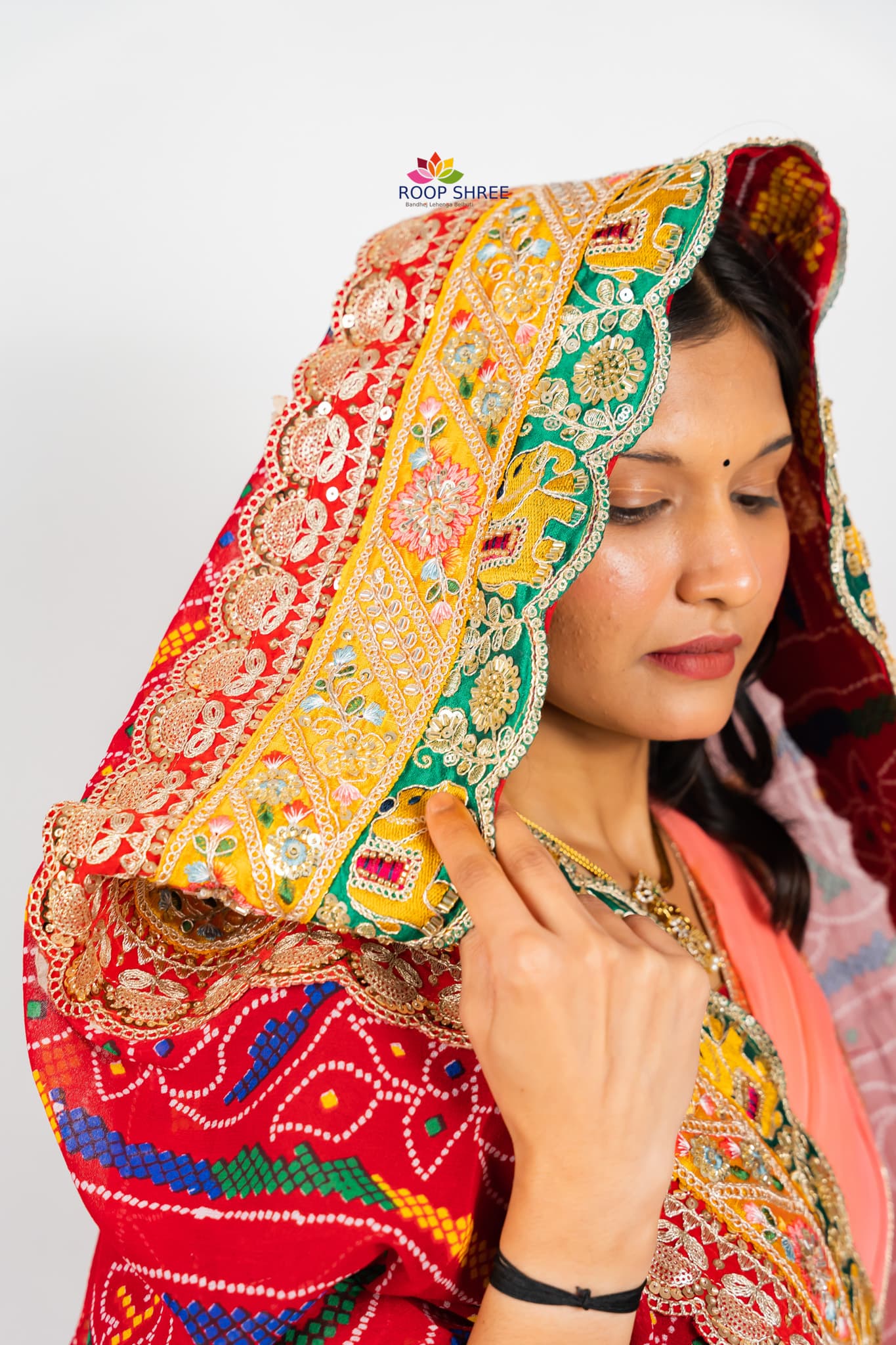 Georgette Chunri Print Dupatta With Yellow Lace