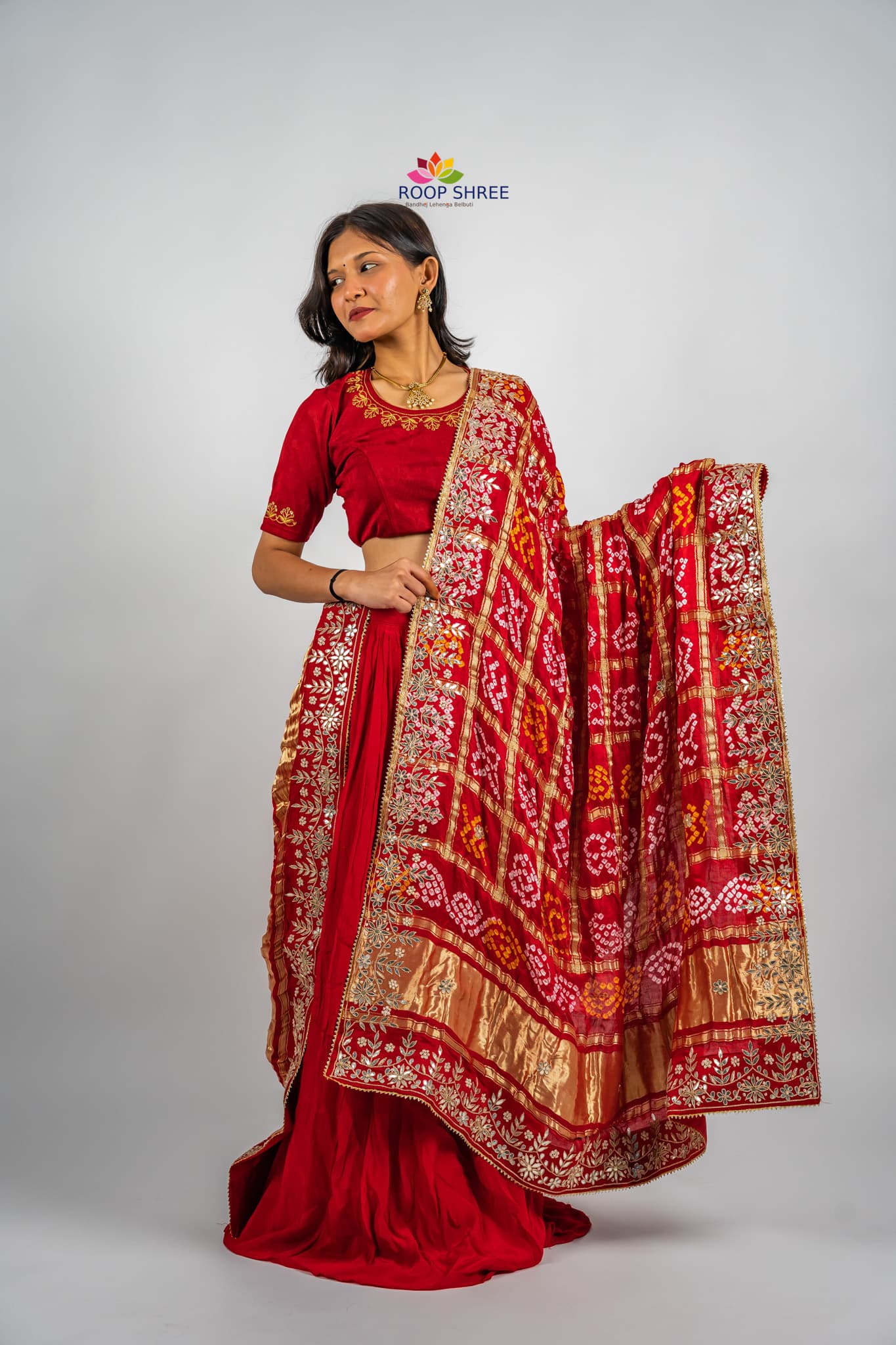 Vibrant Bandhani Gajji Silk Dupatta – Enhanced with Gotapatti & Zardozi Work