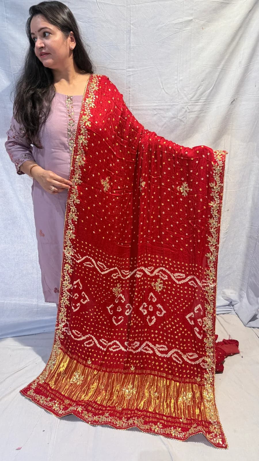 Modal Silk Boond Wali Saree with Dabka Outline Red