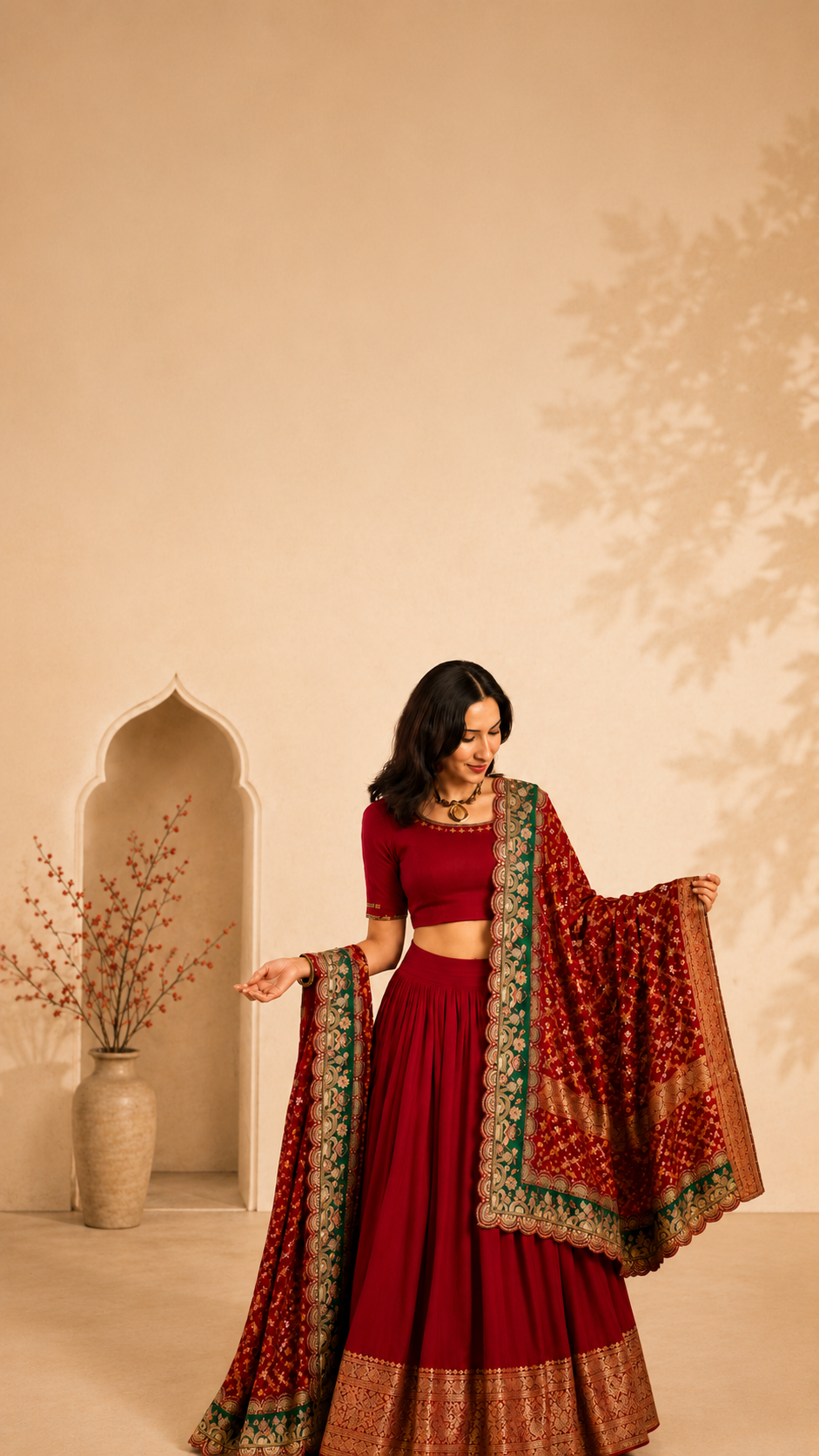 Woman styling a red Bandhej dupatta