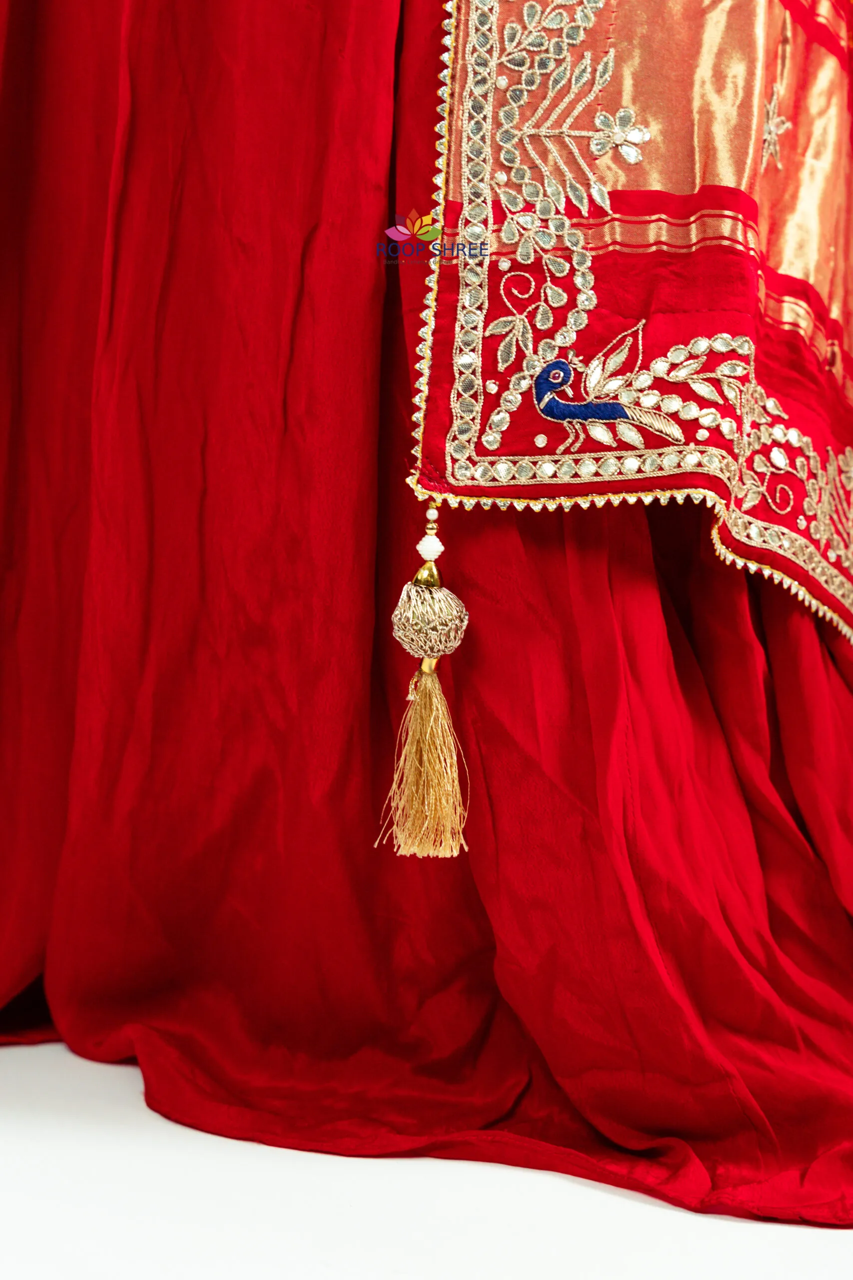 Authentic Rajasthani Gajji Silk Dupatta with Superlight Gota Patti in peacock design - Image 3